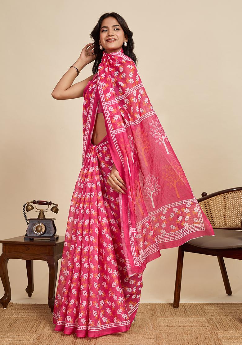 Pink Printed Linen Saree Set - Indya