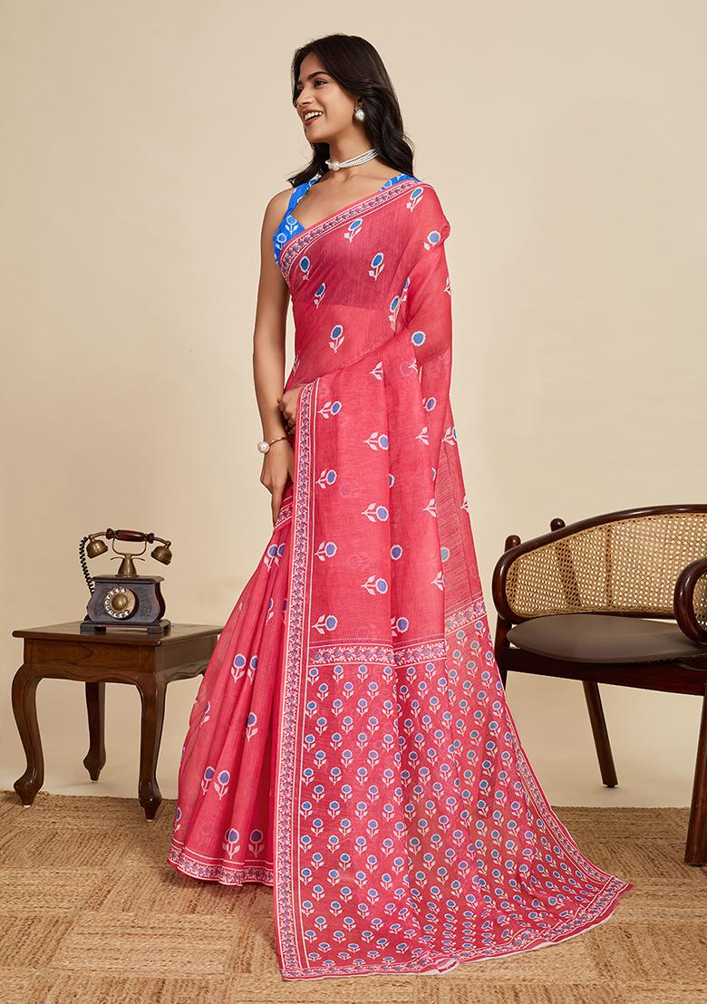 Red Printed Linen Saree Set - Indya
