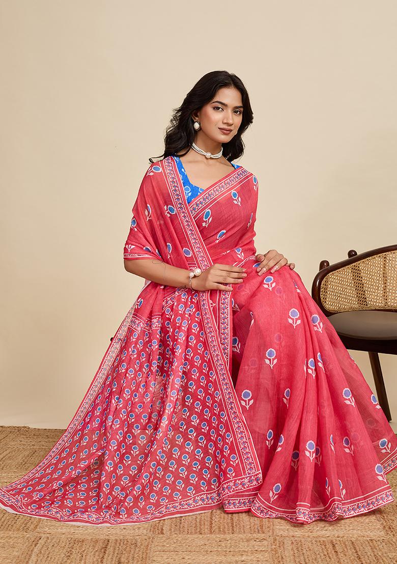 Red Printed Linen Saree Set - Indya