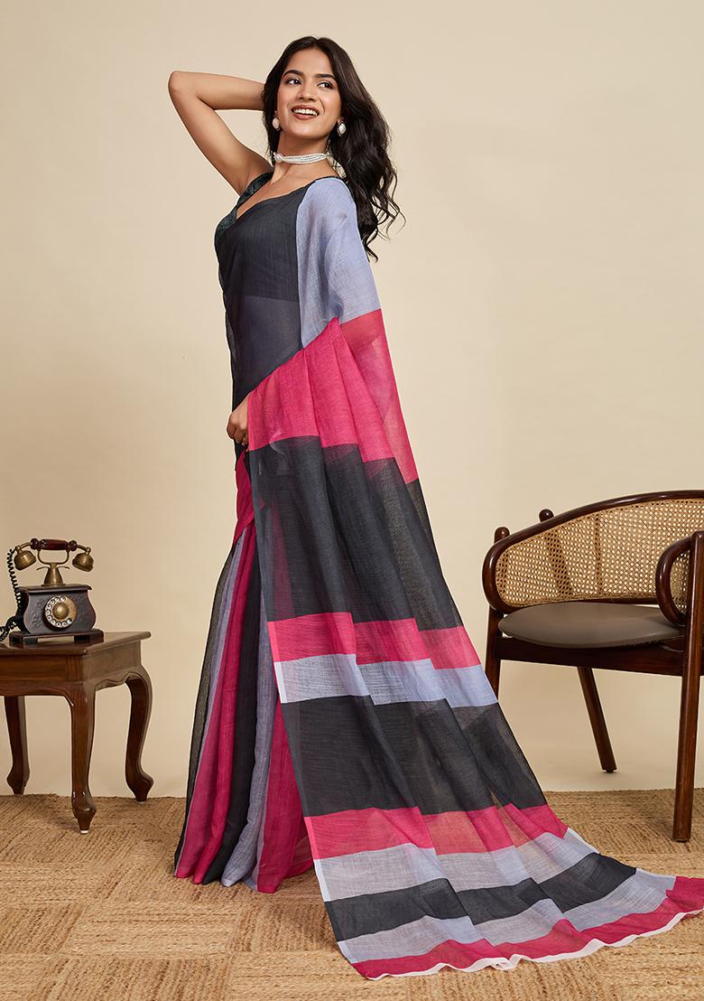 Black Printed Linen Saree Set - Indya
