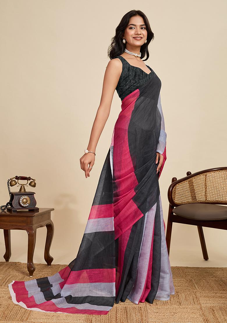 Black Printed Linen Saree Set - Indya
