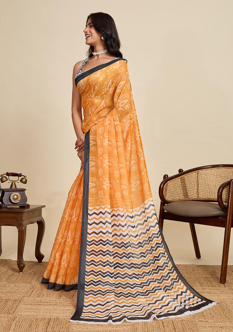 Mustard Printed Linen Saree Set - Indya