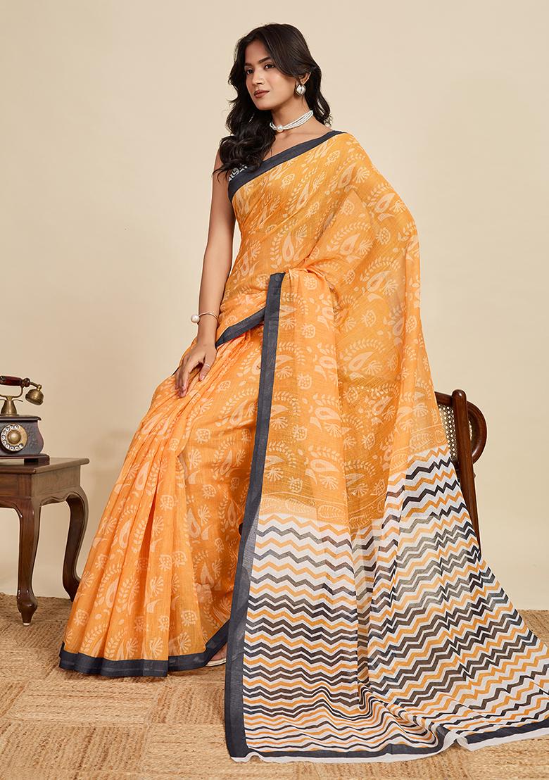 Mustard Printed Linen Saree Set - Indya