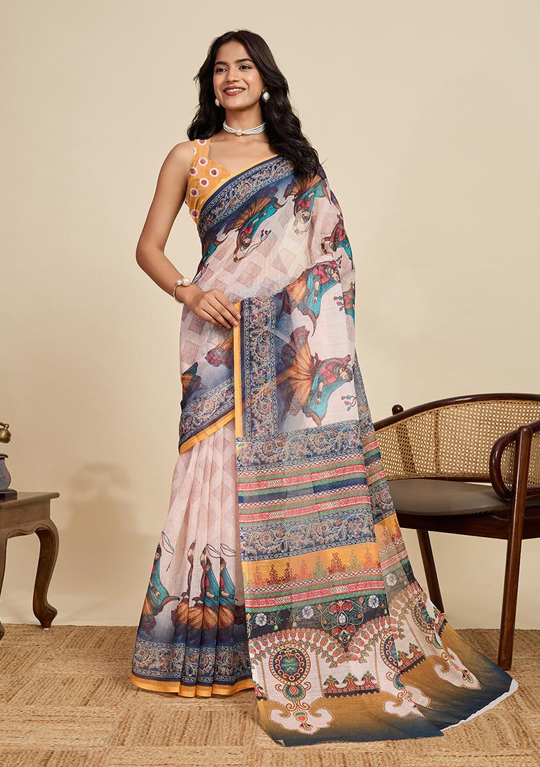 Off White Printed Linen Saree Set - Indya