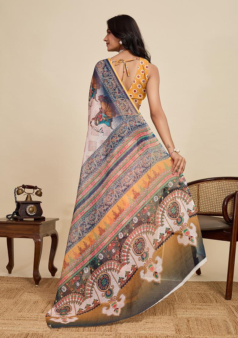 Off White Printed Linen Saree Set - Indya