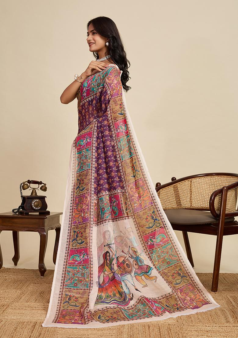 Purple Printed Linen Saree Set - Indya