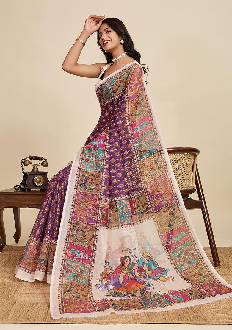 Purple Printed Linen Saree Set - Indya