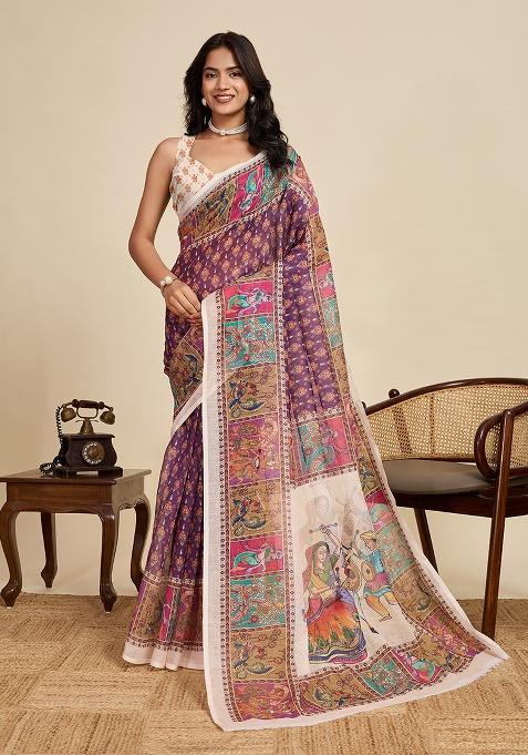 Purple Printed Linen Saree Set