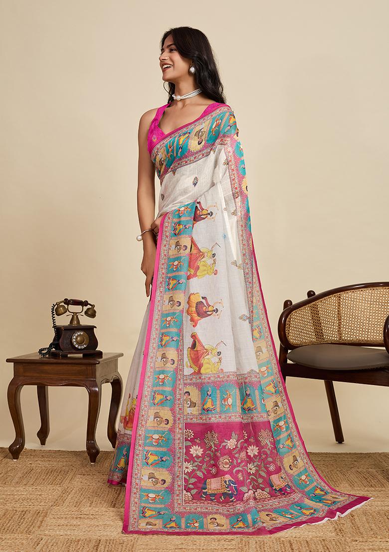 Off White Printed Linen Saree Set - Indya