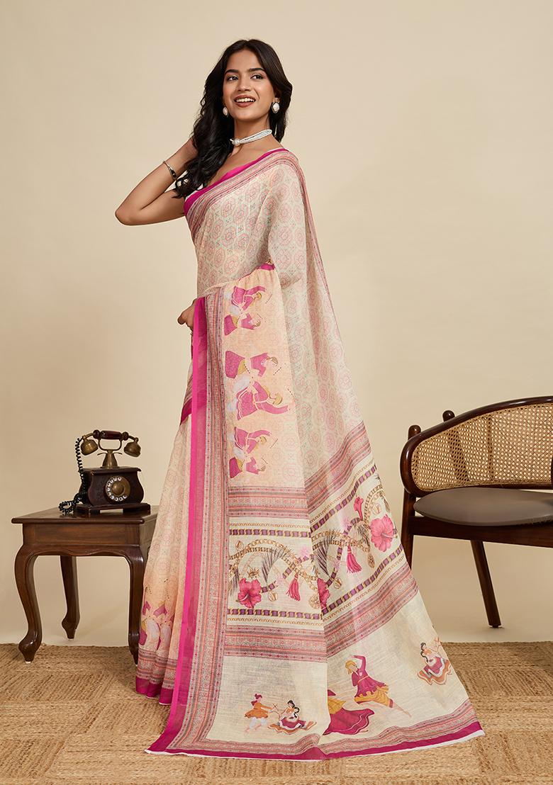 Cream Printed Linen Saree Set - Indya