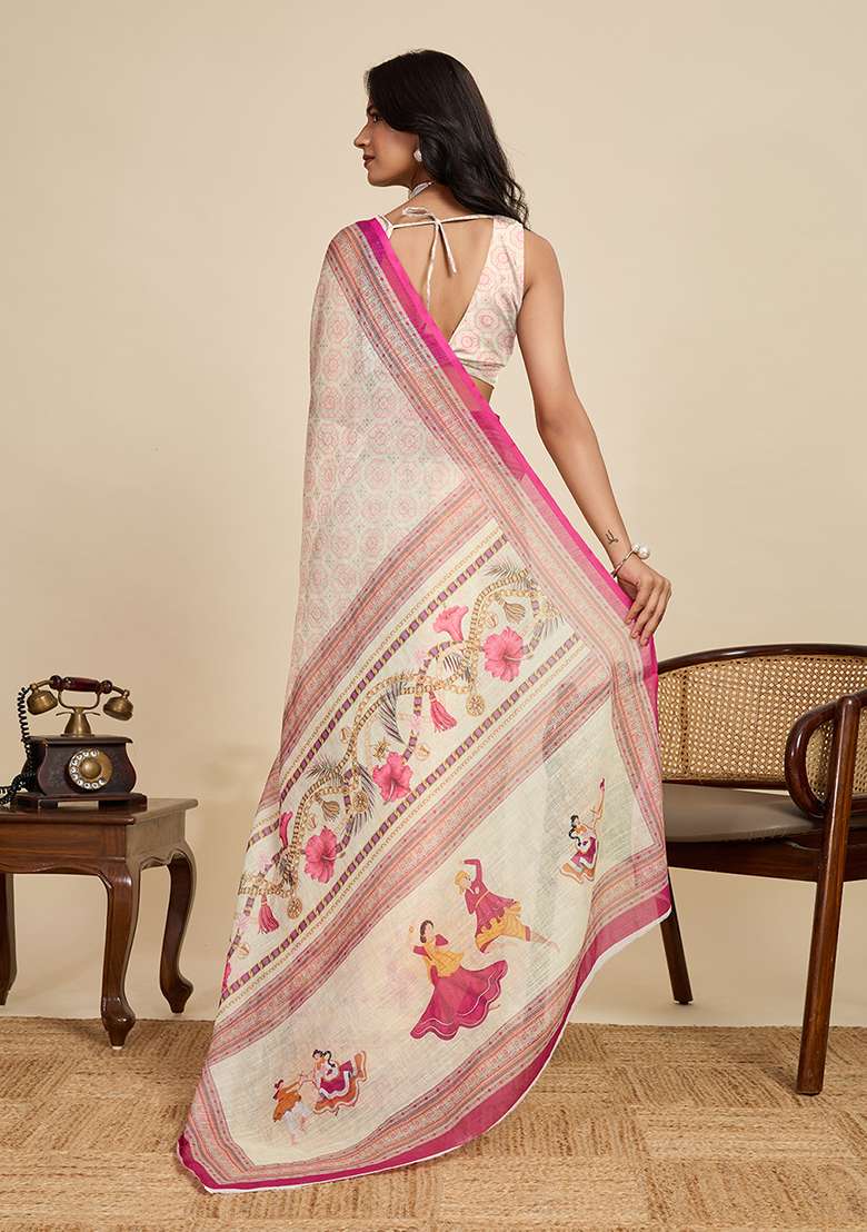 Cream Printed Linen Saree Set for Diwali and Festive Wear - Indya