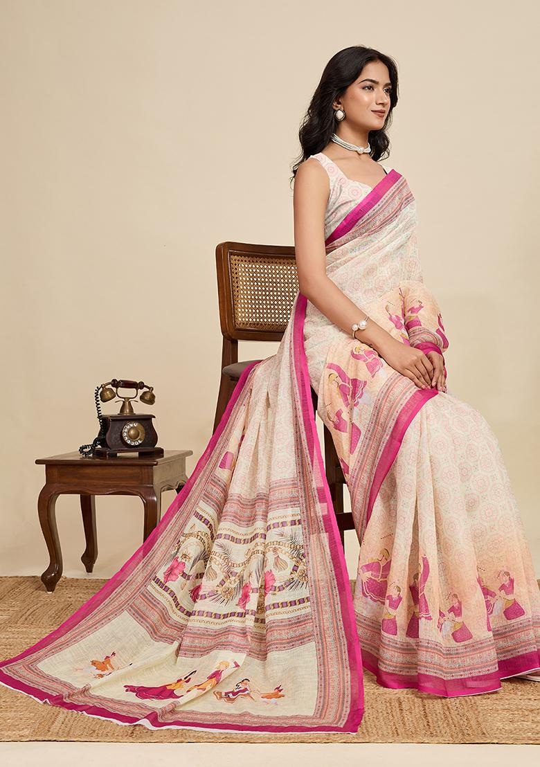 Cream Printed Linen Saree Set - Indya