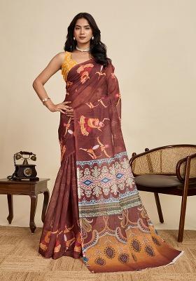 Brown Printed Linen Saree Set