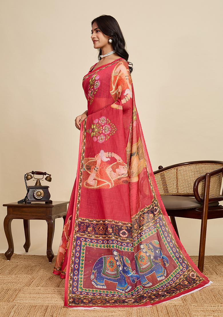 Maroon Printed Linen Saree Set - Indya