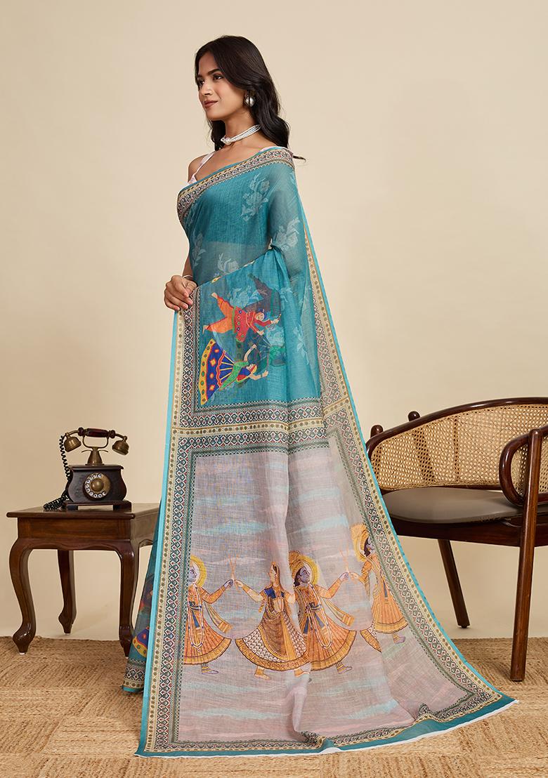 Blue Printed Linen Saree Set - Indya