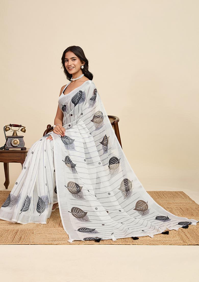 Off White Printed Linen Saree Set - Indya