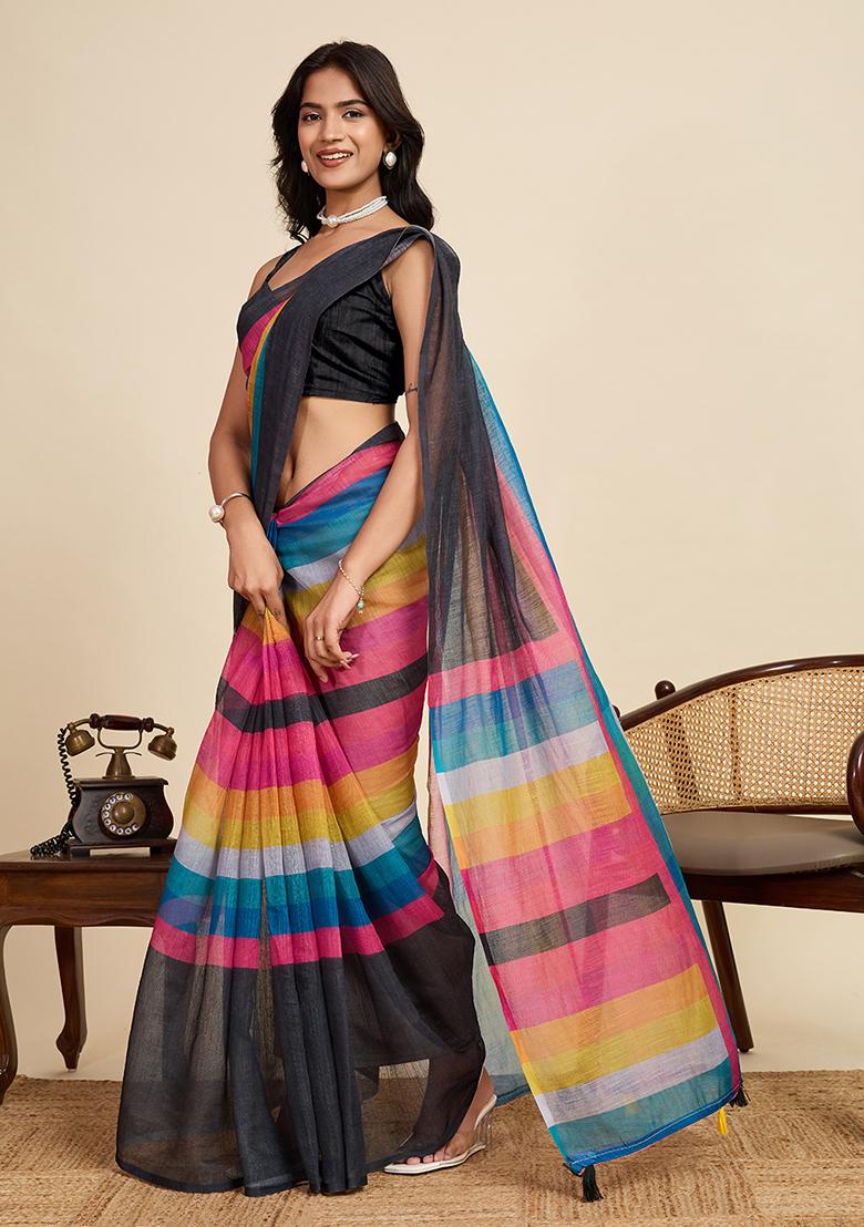 Multi Printed Linen Saree Set - Indya