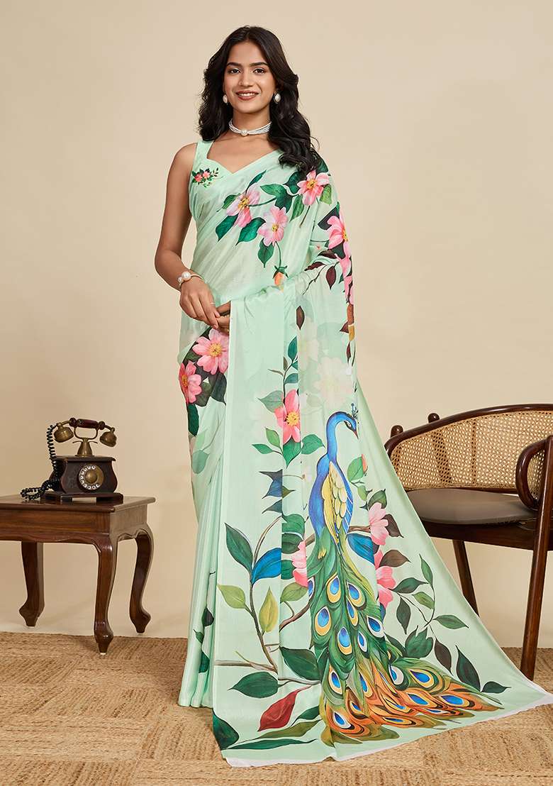 Sea Green Chinon Saree Set with Printed for Diwali | Wedding & Festive Wear - Indya