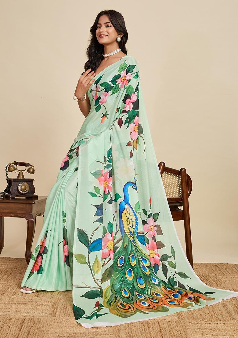 Sea Green Printed Chinon Saree Set - Indya