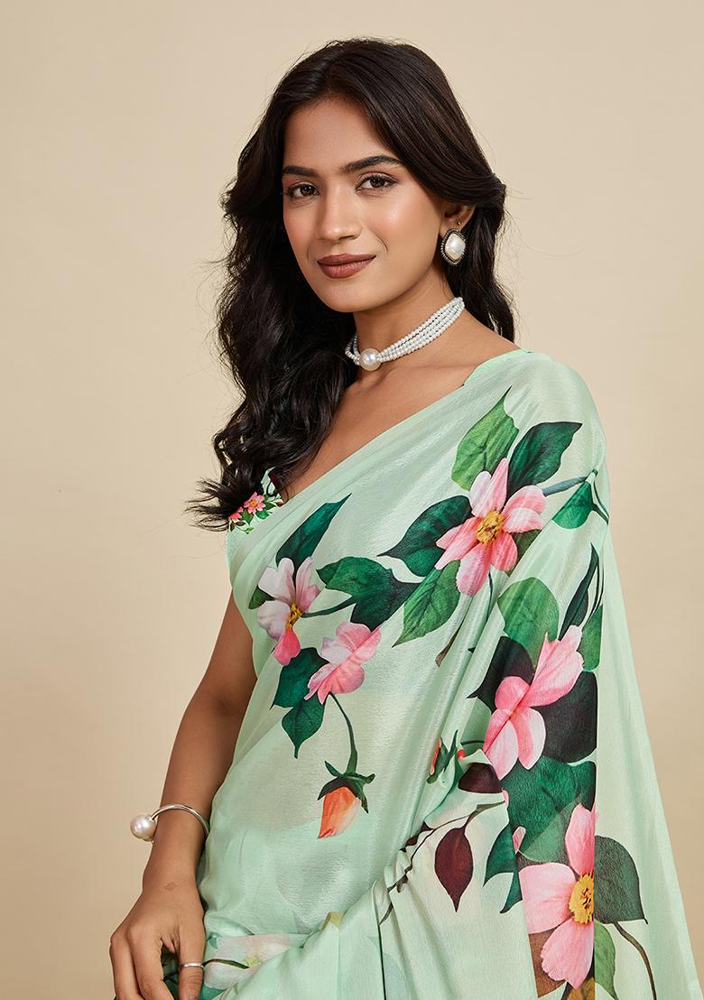 Sea Green Printed Chinon Saree Set - Indya