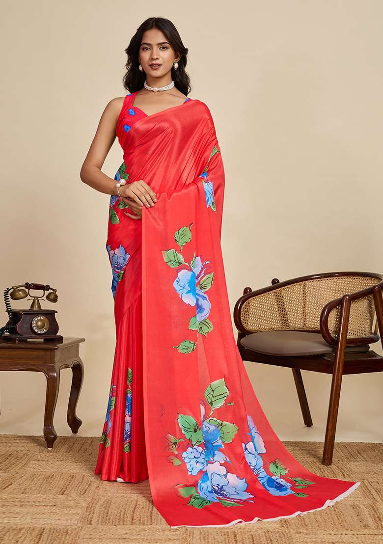 Red Printed Chinon Saree Set for Diwali and Festive Wear - Indya