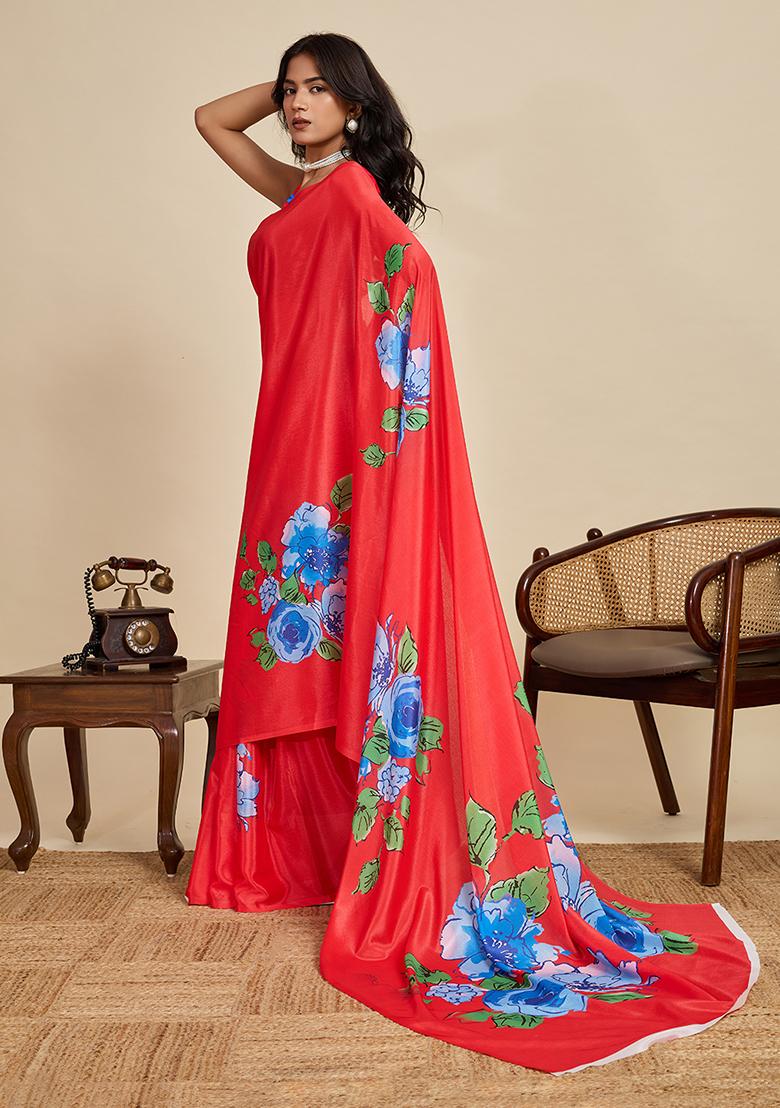 Red Printed Chinon Saree Set - Indya