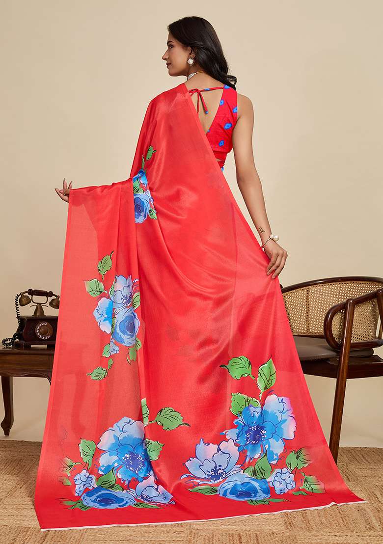 Red Printed Chinon Saree Set for Diwali and Festive Wear - Indya