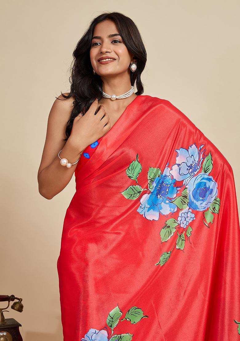 Red Printed Chinon Saree Set - Indya