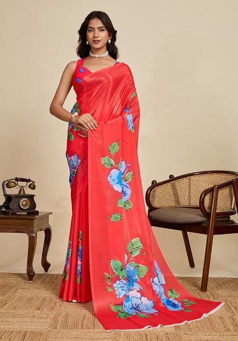 Red Printed Chinon Saree Set
