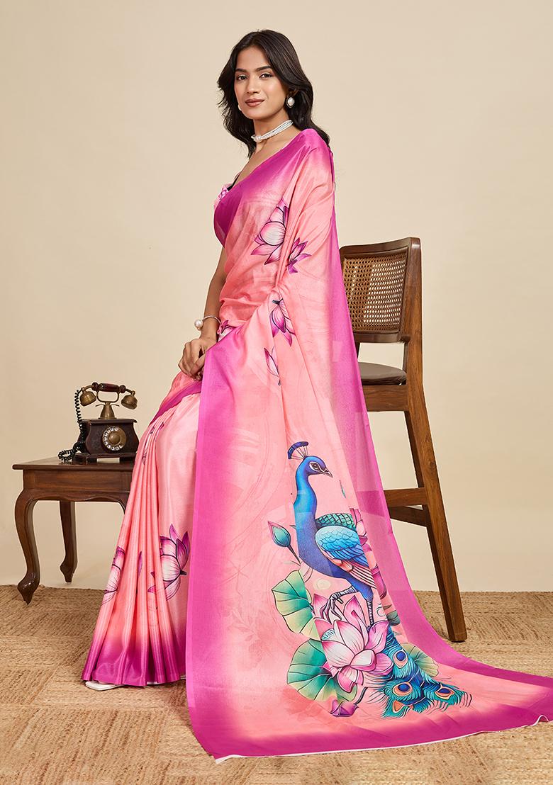 Peach Printed Chinon Saree Set - Indya