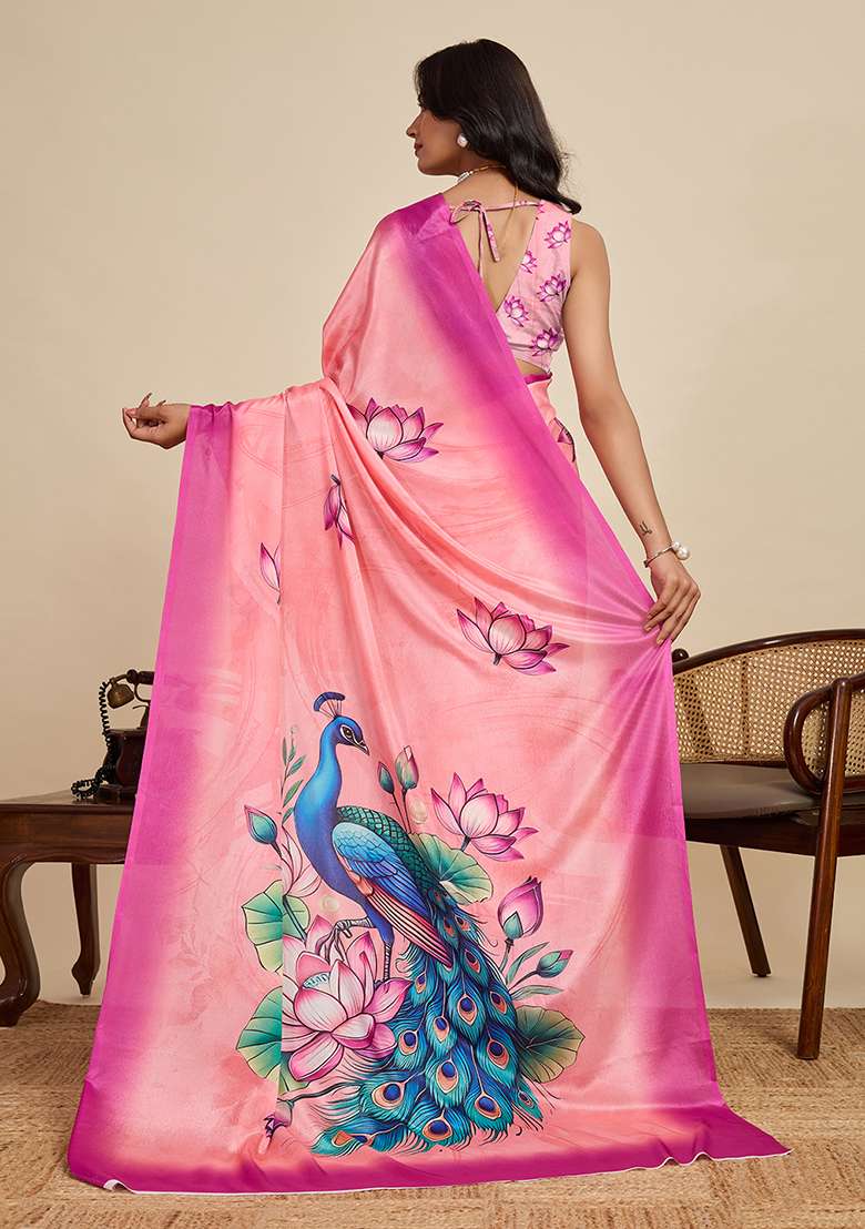 Peach Chinon Saree Set with Printed for Diwali | Wedding & Festive Wear - Indya