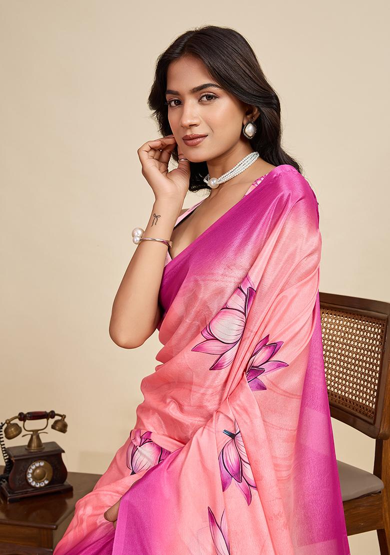 Peach Printed Chinon Saree Set - Indya