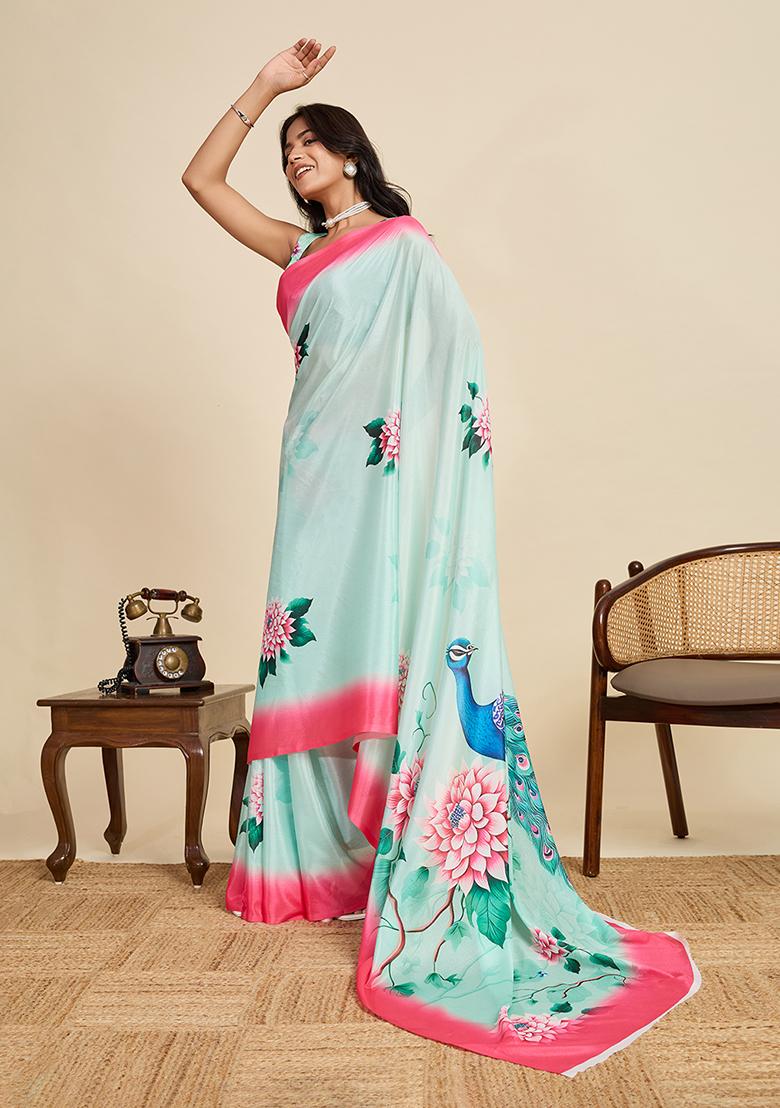 Sky Blue Printed Chinon Saree Set - Indya