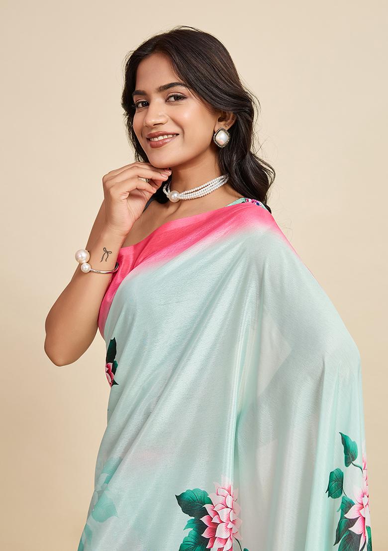 Sky Blue Printed Chinon Saree Set - Indya