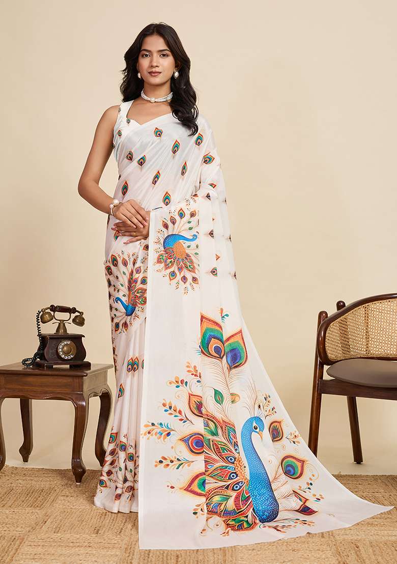 Off White Printed Chinon Saree Set for Diwali and Festive Wear - Indya