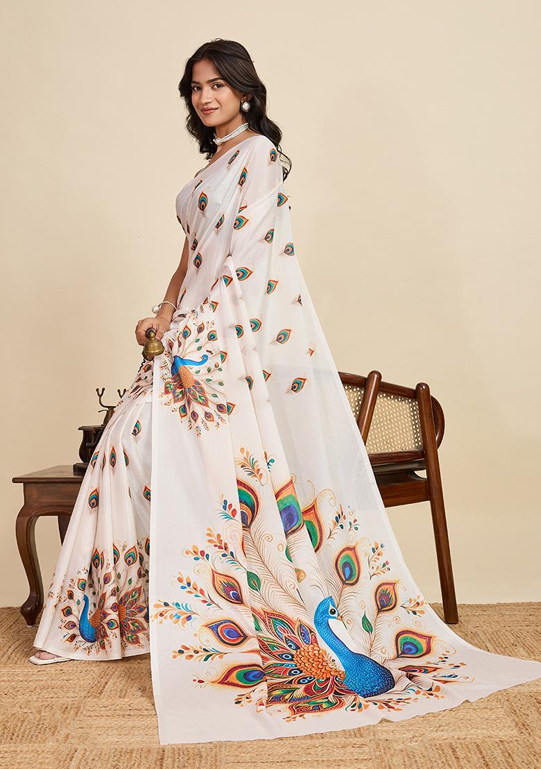 Off White Printed Chinon Saree Set - Indya