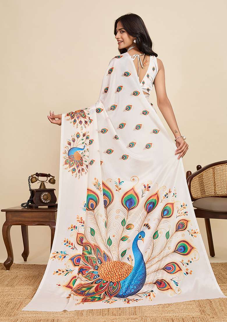 Off White Printed Chinon Saree Set for Diwali and Festive Wear - Indya