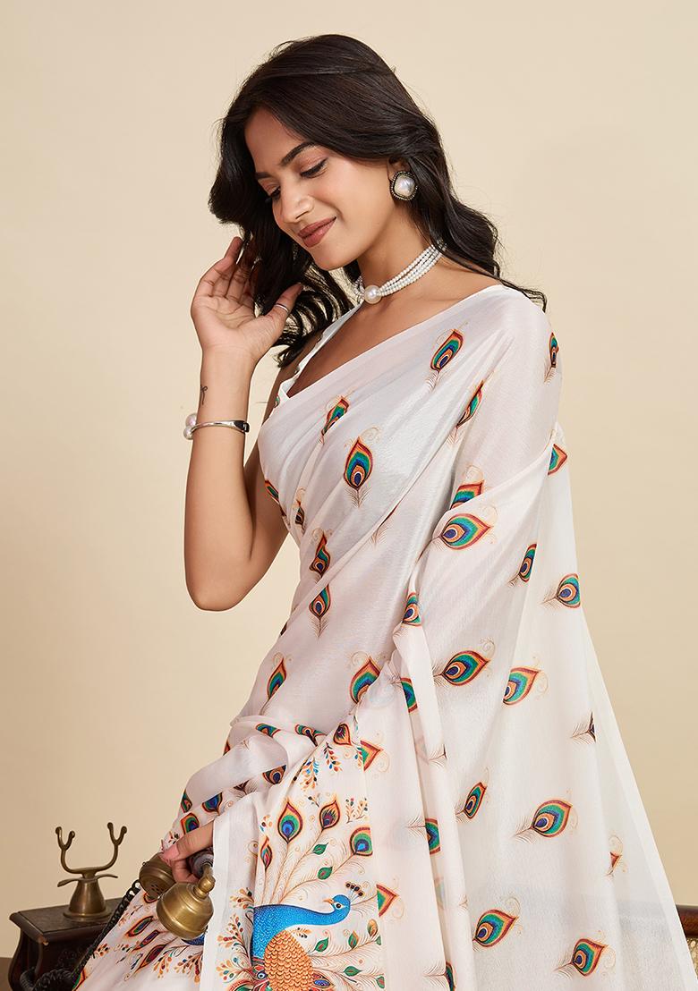 Off White Printed Chinon Saree Set - Indya