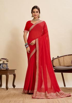 Red Embroidery Silk Saree Set