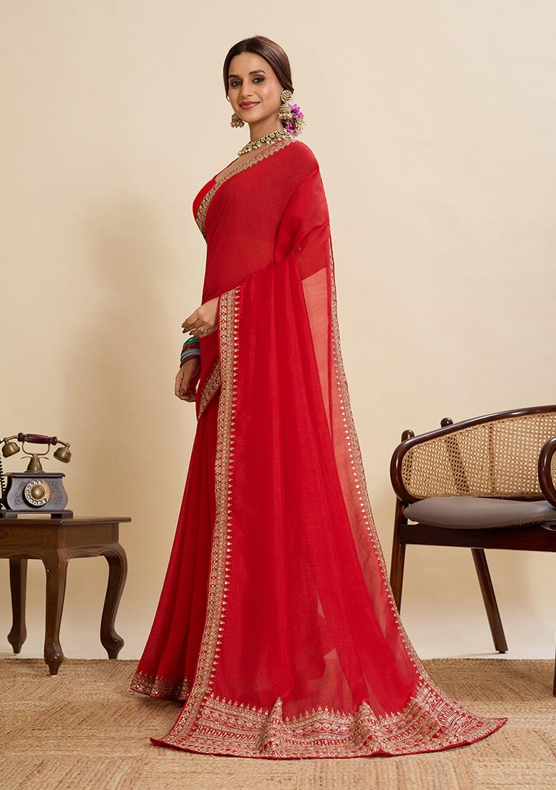 Red Embroidery Silk Saree Set - Indya