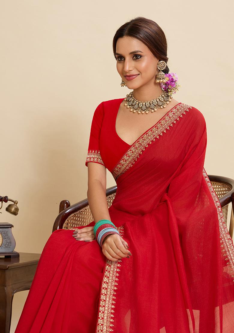Red Embroidery Silk Saree Set - Indya