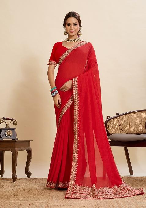 Red Embroidery Silk Saree Set