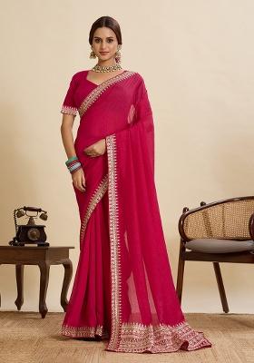 Pink Embroidery Silk Saree Set
