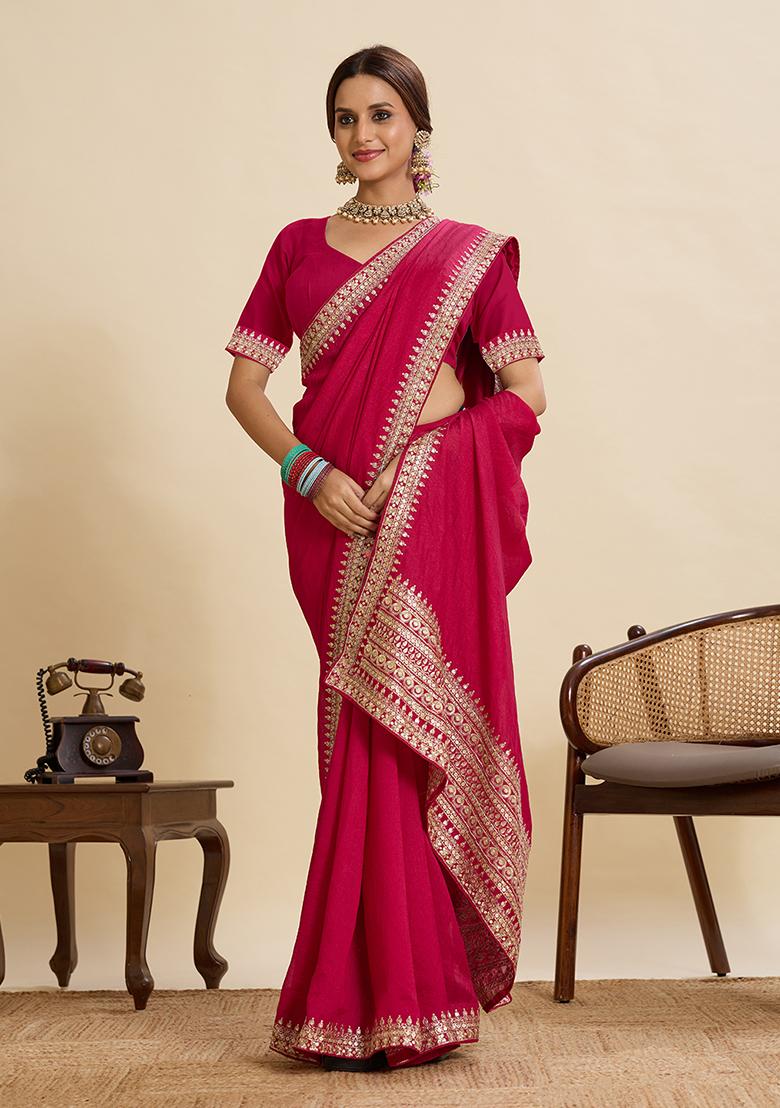 Pink Embroidery Silk Saree Set - Indya