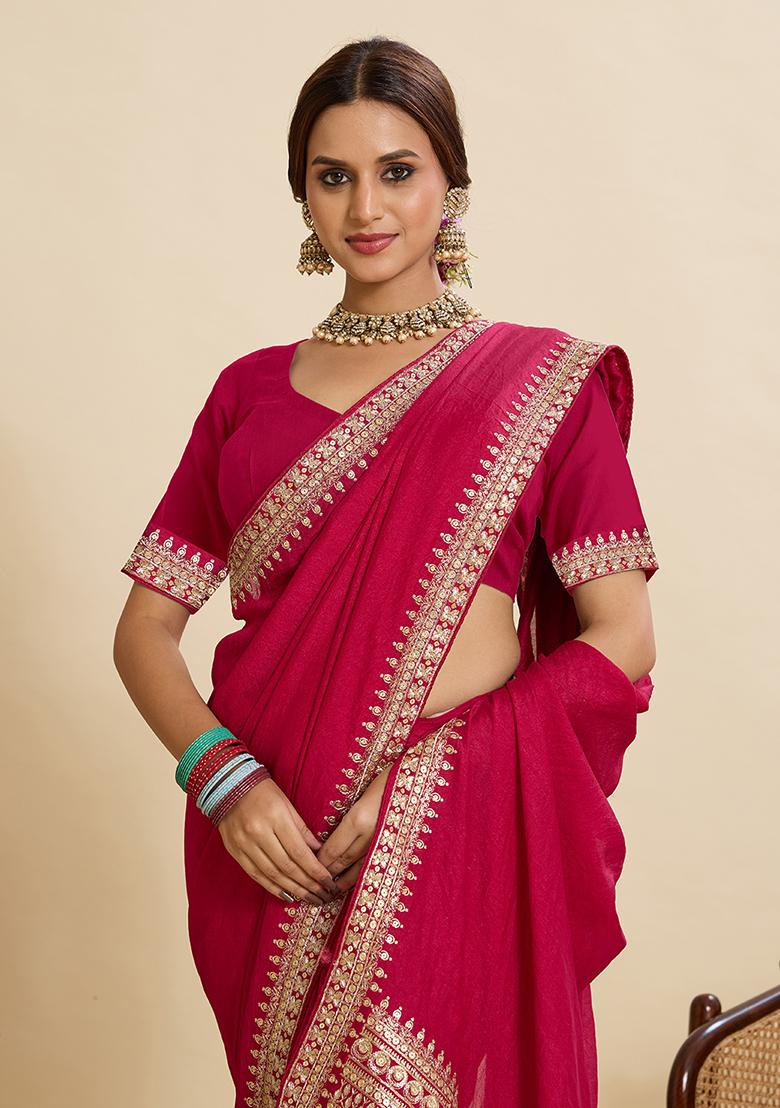 Pink Embroidery Silk Saree Set - Indya