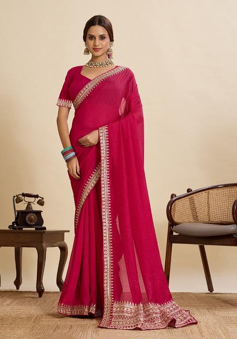Pink Embroidery Silk Saree Set