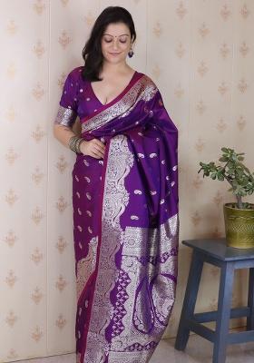 Purple Woven Silk Saree Set