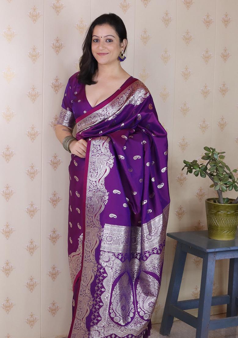 Purple Woven Silk Saree Set - Indya