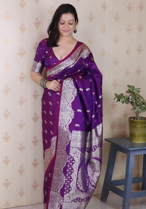 Purple Woven Silk Saree Set