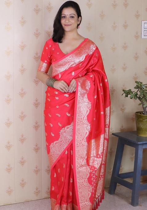 Red Woven Silk Saree Set